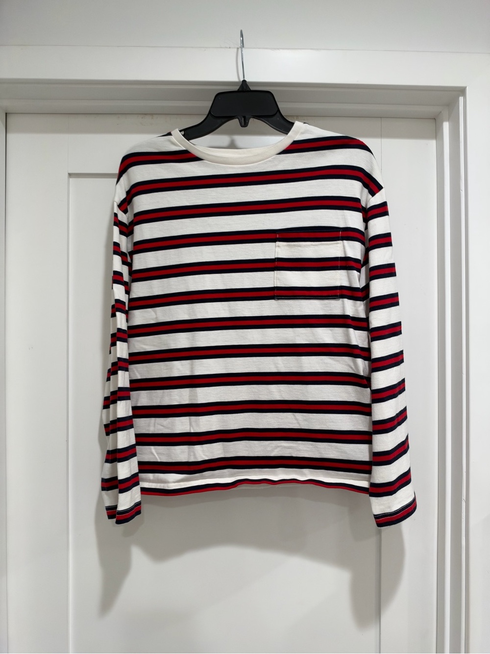 Women’s White Long-Sleeve Crewneck Stripe Shirt with Red and Black Stripes
